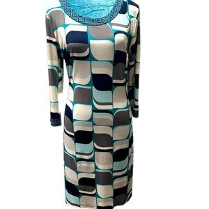 BANANA REPUBLIC Sz M Multicolor Geometric Print Belted 3/4 Sleeve Sheath Dress